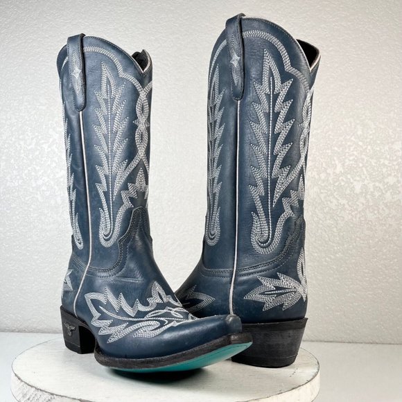 Lane Boots Shoes - NEW Lane LEXINGTON Blue Cowboy Boots 7.5 Leather Western Wear Snip Toe Mid Calf